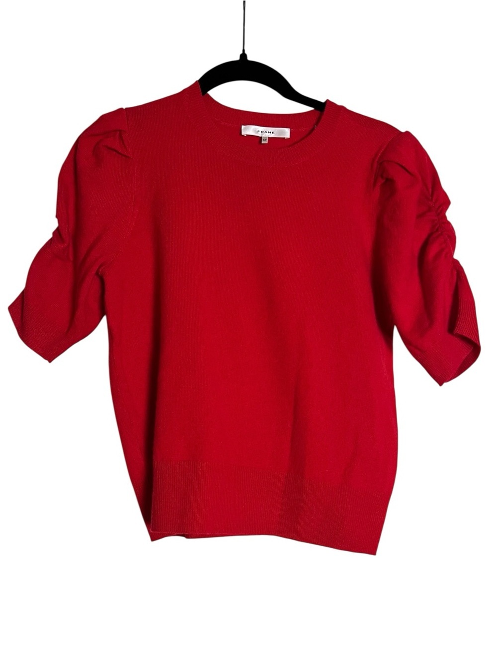 Frame Frankie Puff Red Wool Blend Ruched Short Sleeve Sweater — Size Small - Picture 4 of 10